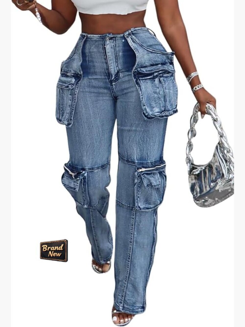 High Waisted Baggy Cargo Jeans Flap Pockets Y2K Streetwear
